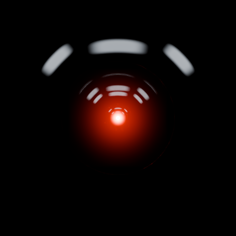 Approved HAL eye render with soft upper reflections, a small warm center and a broad red glow