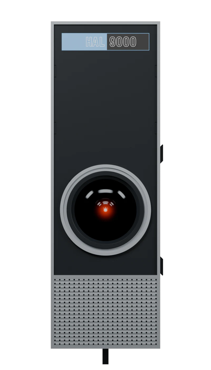 Face-on view of the assembled HAL enclosure, with a continuous silver frame, black face, circular eye and perforated grille