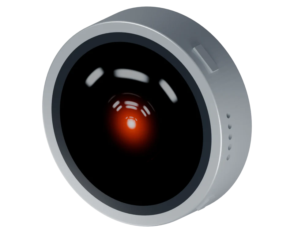 Round Waveshare module with the HAL eye on its display