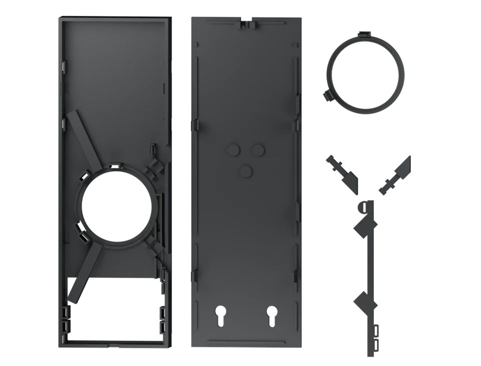 The six black enclosure parts: housing, rear cover, eye bezel, two button rods and control cover