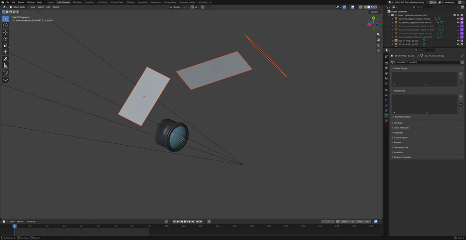 Blender scene showing the three reflection panels, camera and lens